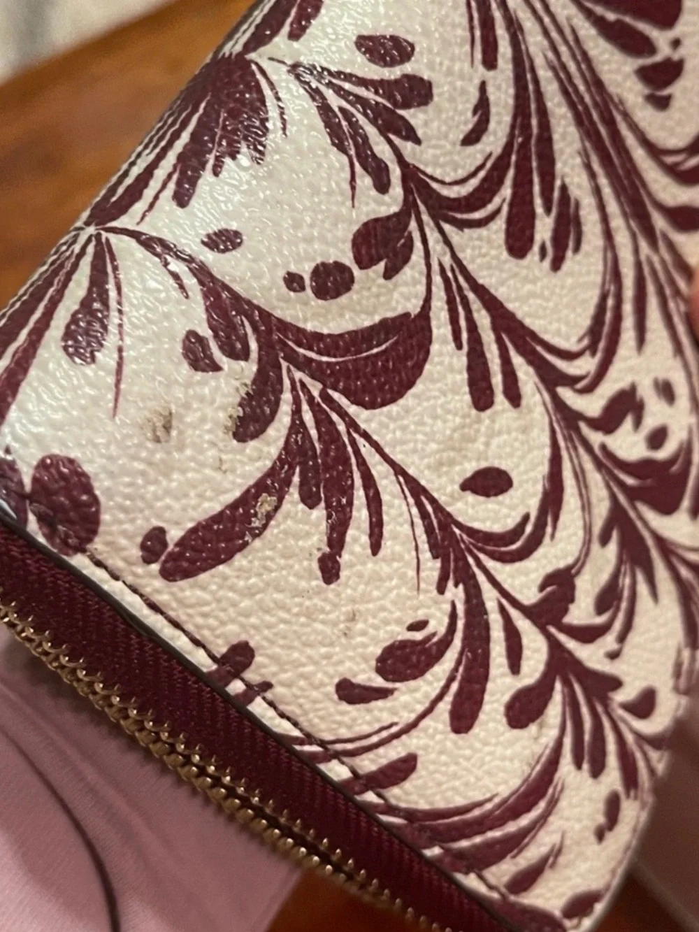 Tory Burch Cream and Maroon Printed Zip Wallet with Gold Logo